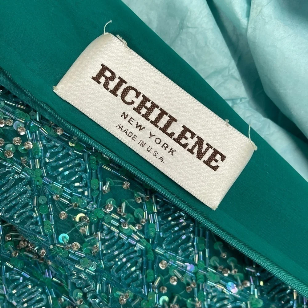 VINTAGE RICHILENE 70S SILK CHIFFON BEAD EMBELLISHED AQUA FORMAL EVENING GOWN - Picture 12 of 16